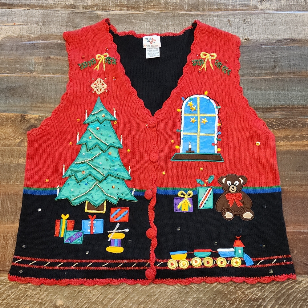 Festive Vintage Red Christmas Cardigan with Tree and Train Design